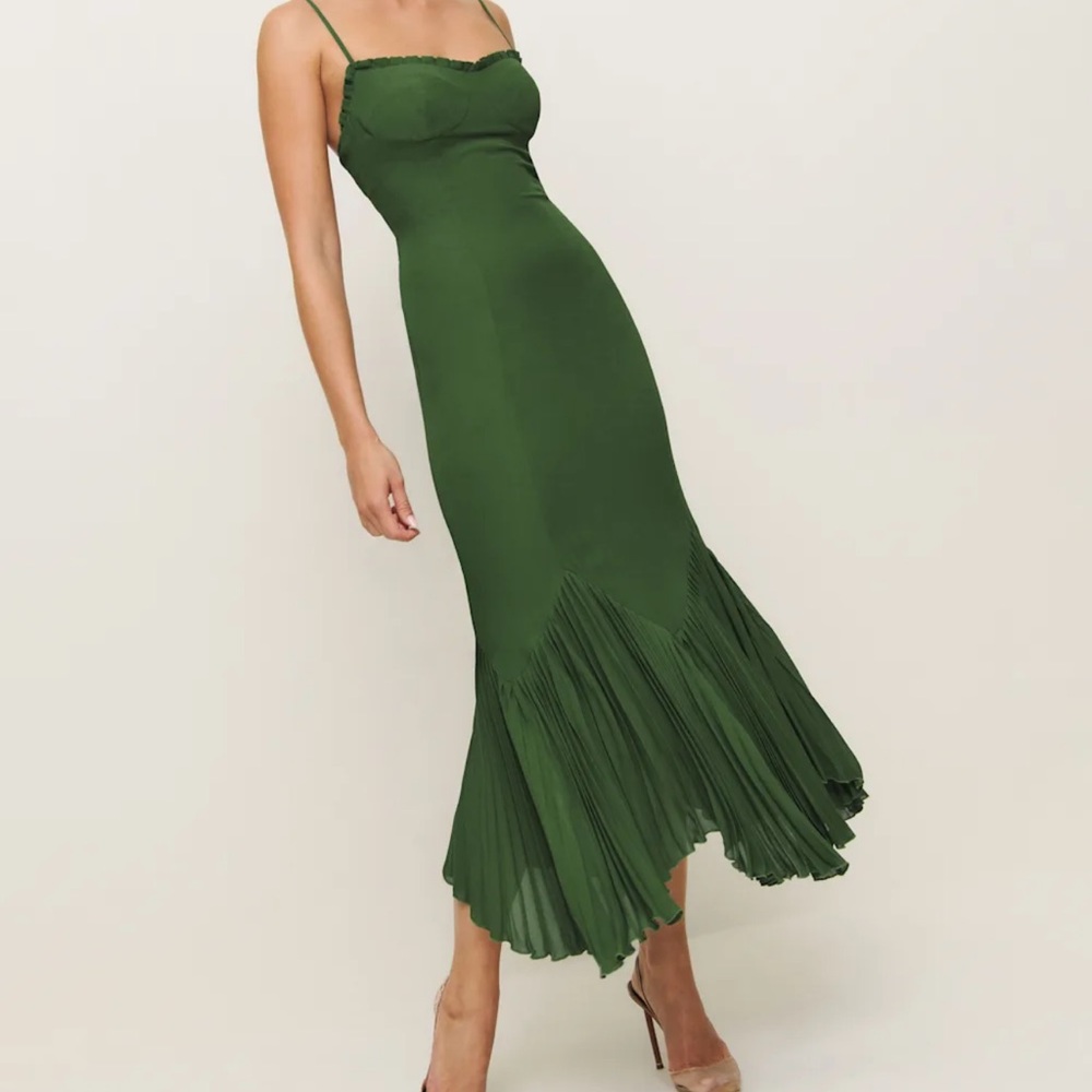 Reformation Aiko Green Pleated Midi Sundress